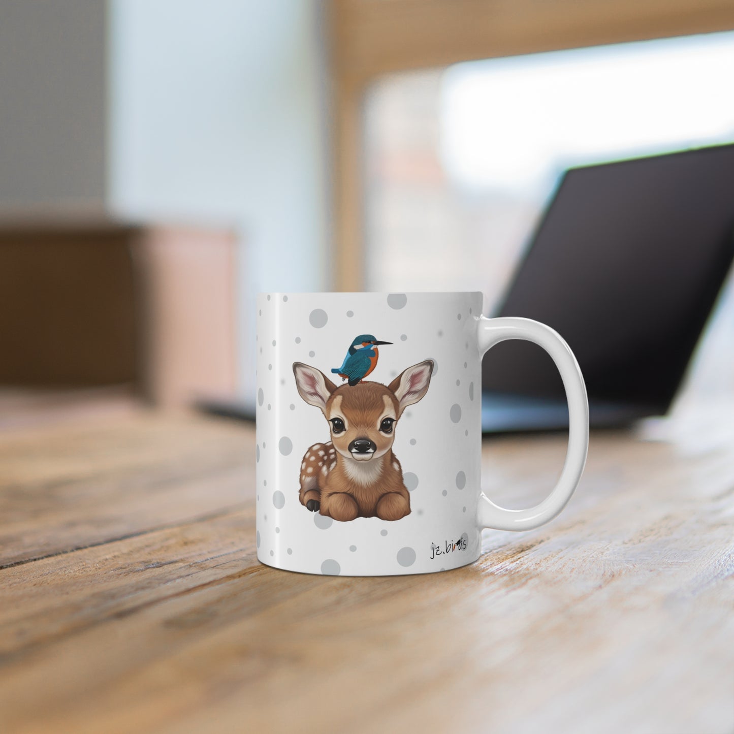 Cute Fawn Mug with Kingfisher 11oz for Animal Lovers & Bird Watchers
