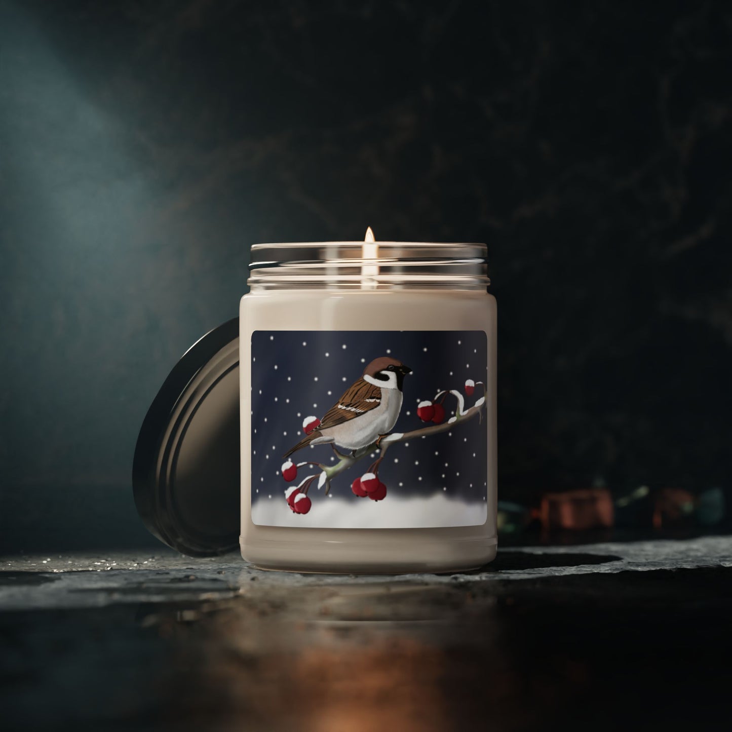 Tree Sparrow on a Winter Branch Christmas Bird Art Scented Soy Candle, 9oz