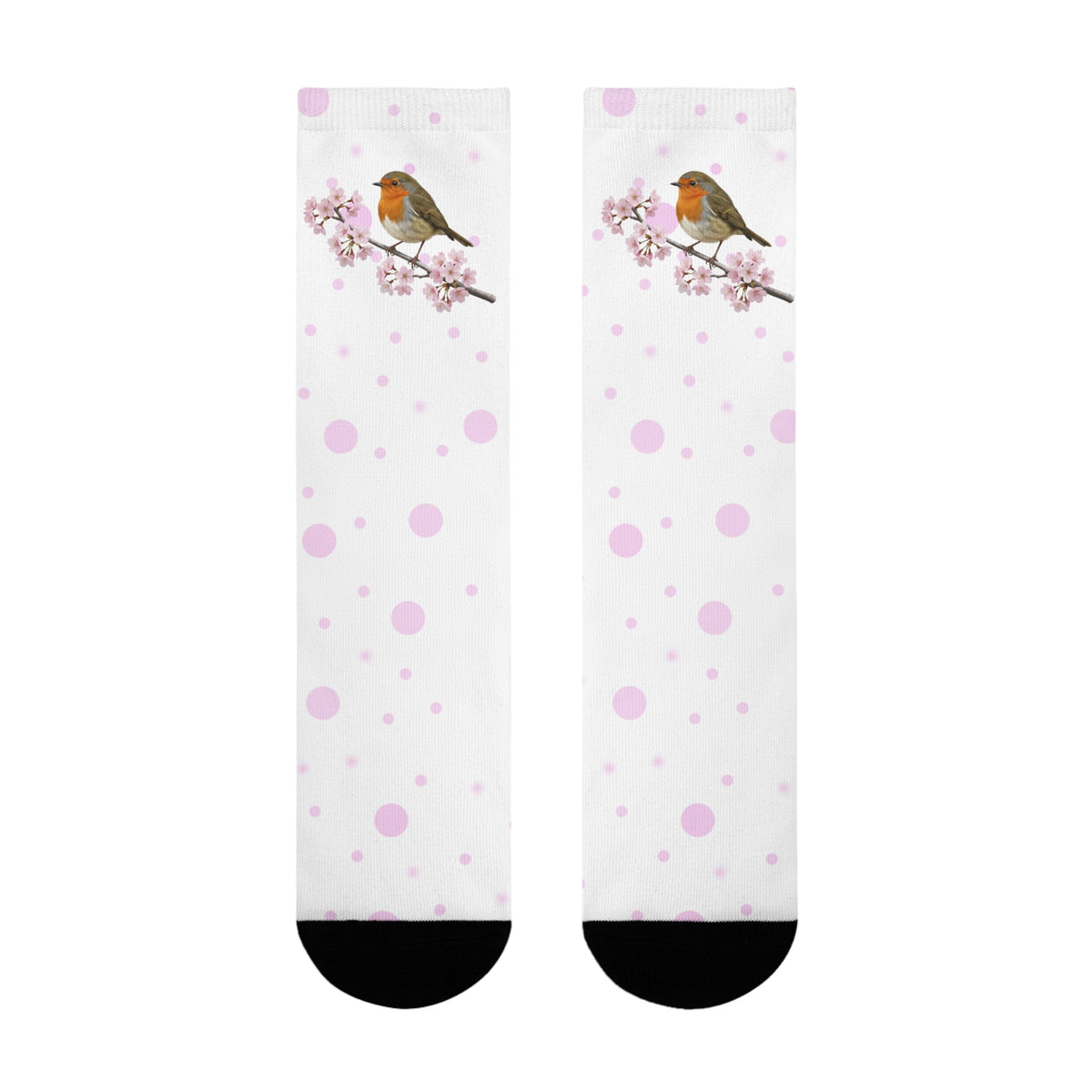 Rotkehlchen Socken mit Kirschblüten | Weiß Rosa gepunktete Vogelmotiv Strümpfe – Accessories,