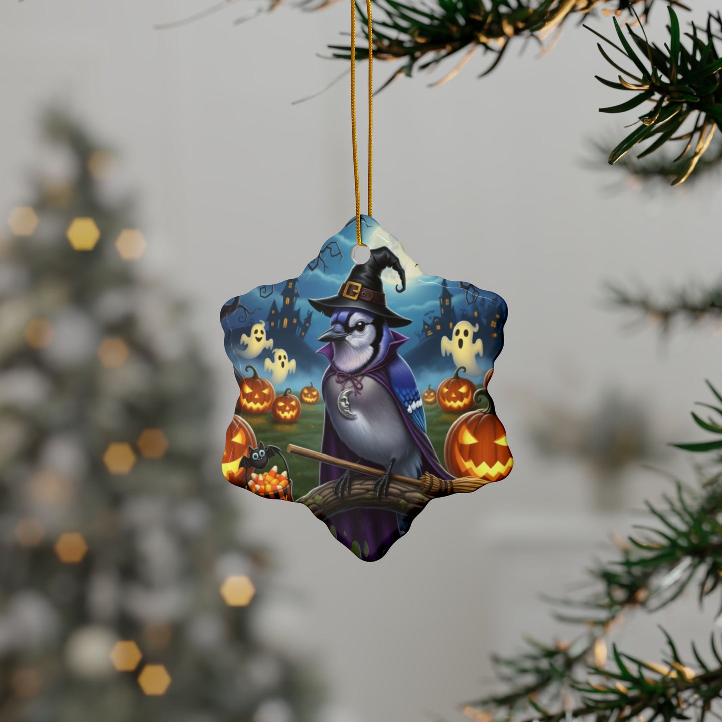 Funny Blue Jay Bird Halloween Ornament, Double-Sided Ceramic Decor for Spooky Season