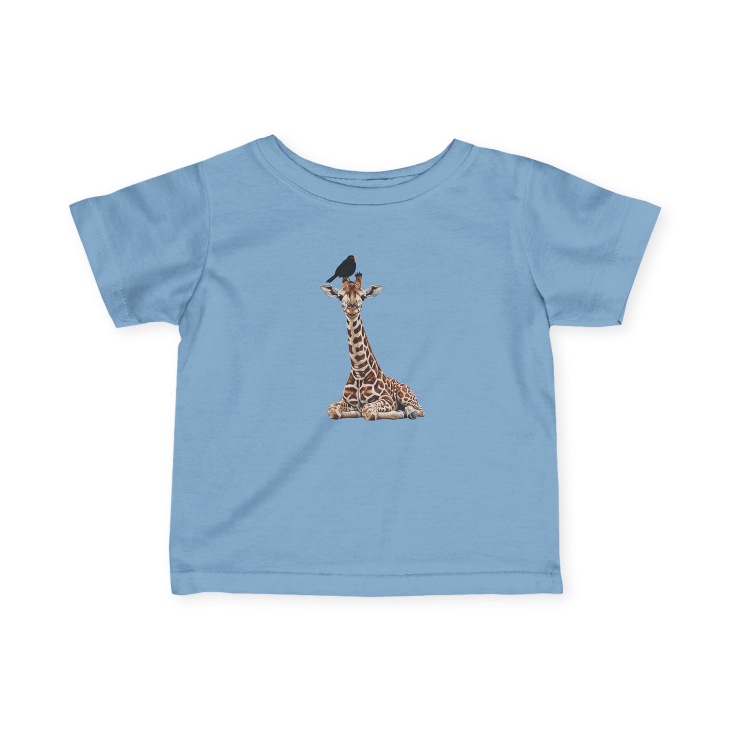 Süße Baby Giraffe mit Amsel Vogel Tiermotiv T-Shirt für Babys und Kleinkinder
