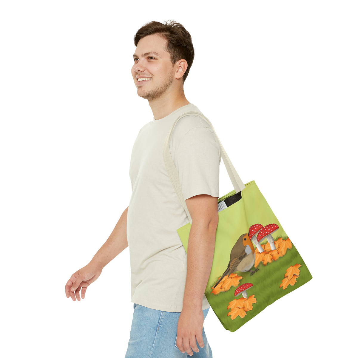 Robin in Fall Leafs Toadstool Bird Tote Bag 16"x16" - jz.birds