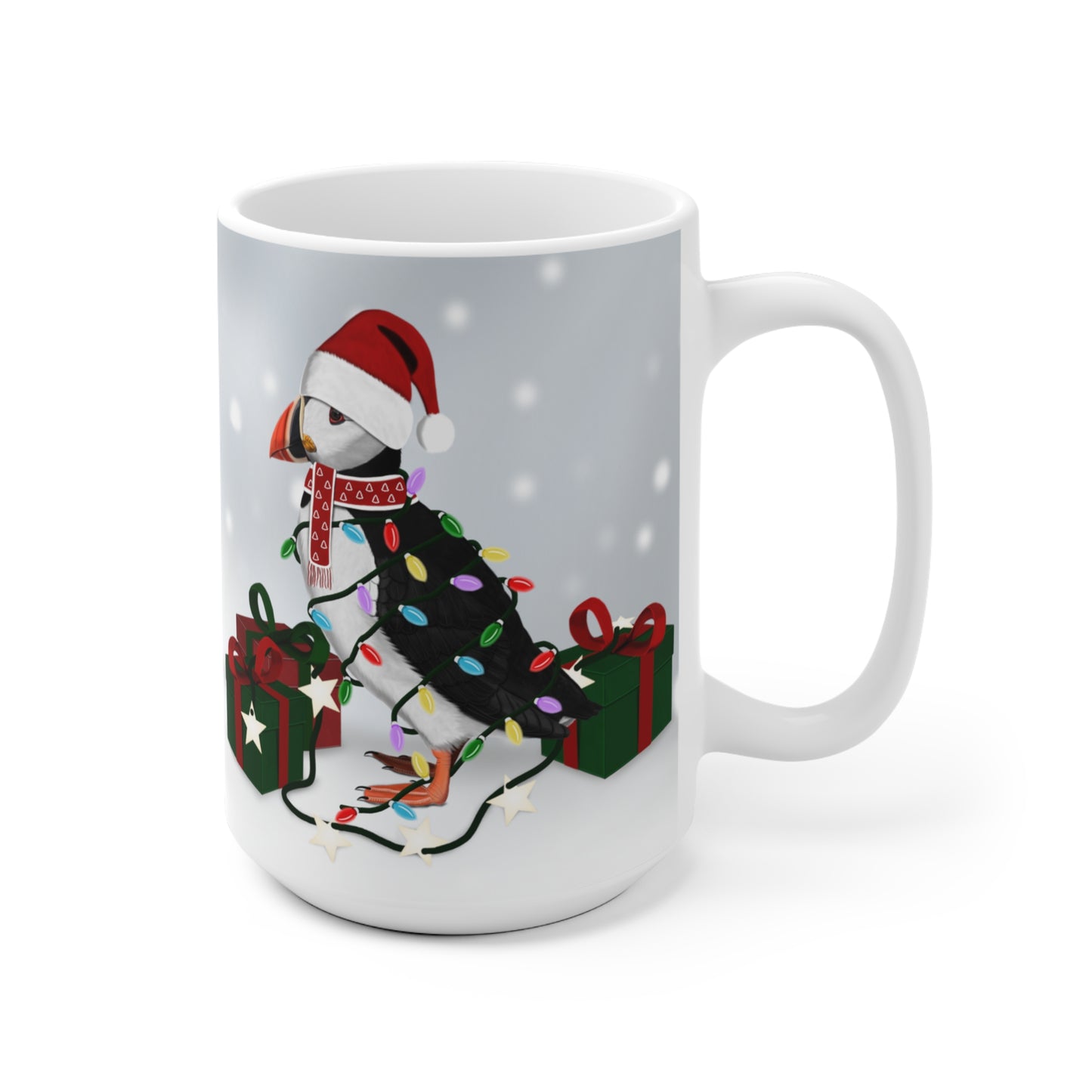 Papageitaucher mit Lichterkette im Winter Weihnachten Schnee Vogel Tasse