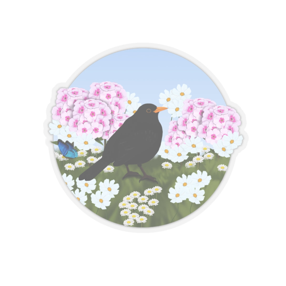 Blackbird Summer Flowers Bird Kiss-Cut Sticker - jz.birds