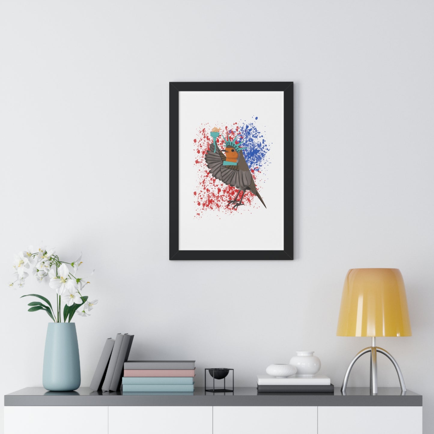 Robin 4th of July Independence Day Statue of Liberty Bird Framed Poster
