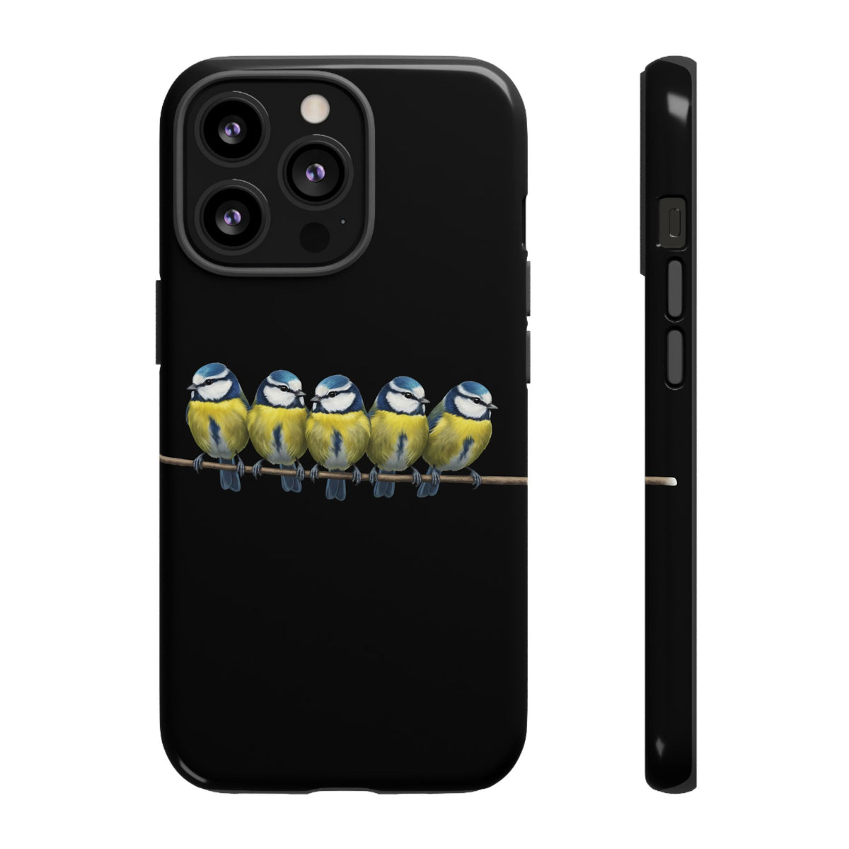 Funda premium para móvil de carbonero azul en una rama – Doble protección e impresión integral, negra
