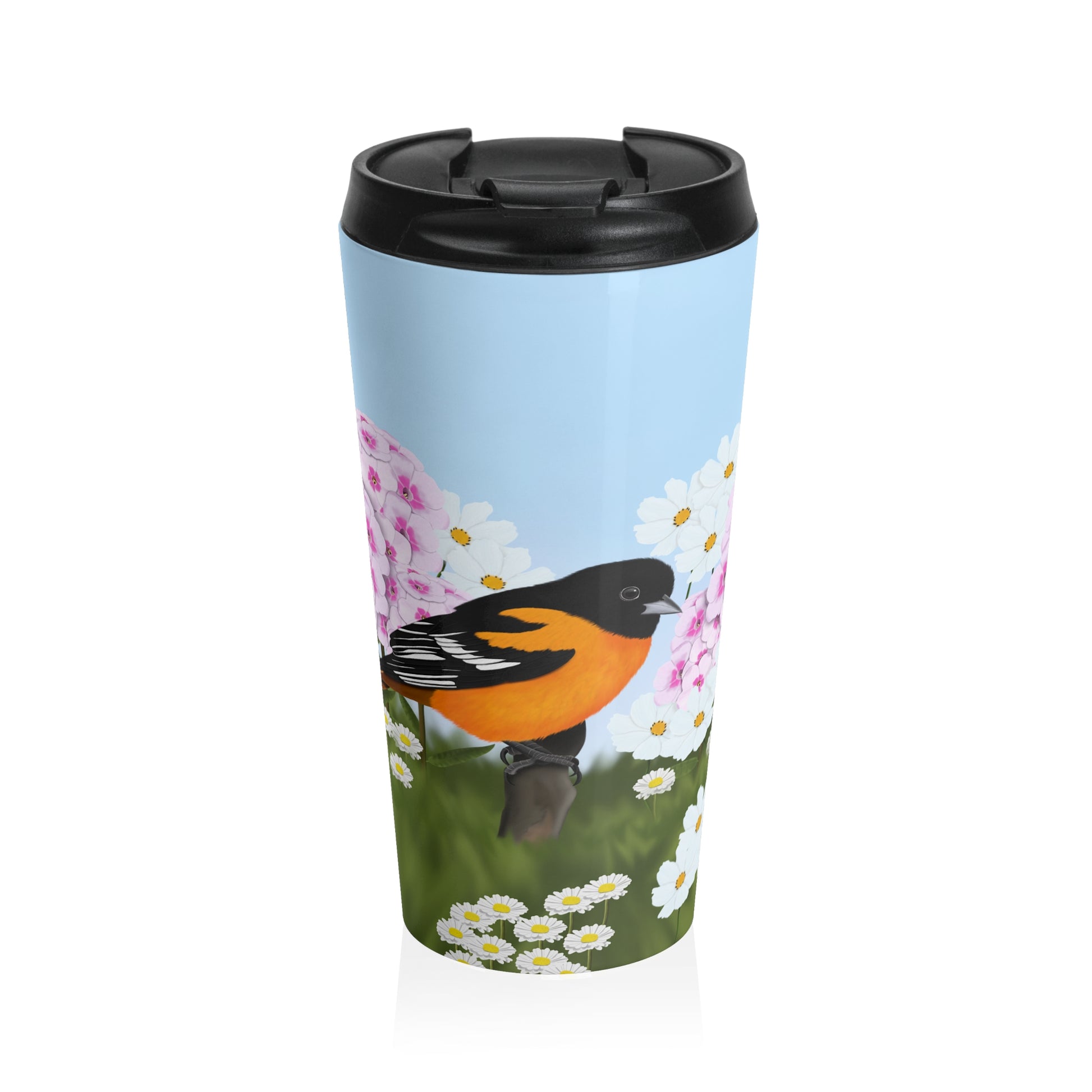 Baltimore Oriole Summer Flowers Bird Stainless Steel Travel Mug 15oz - jz.birds