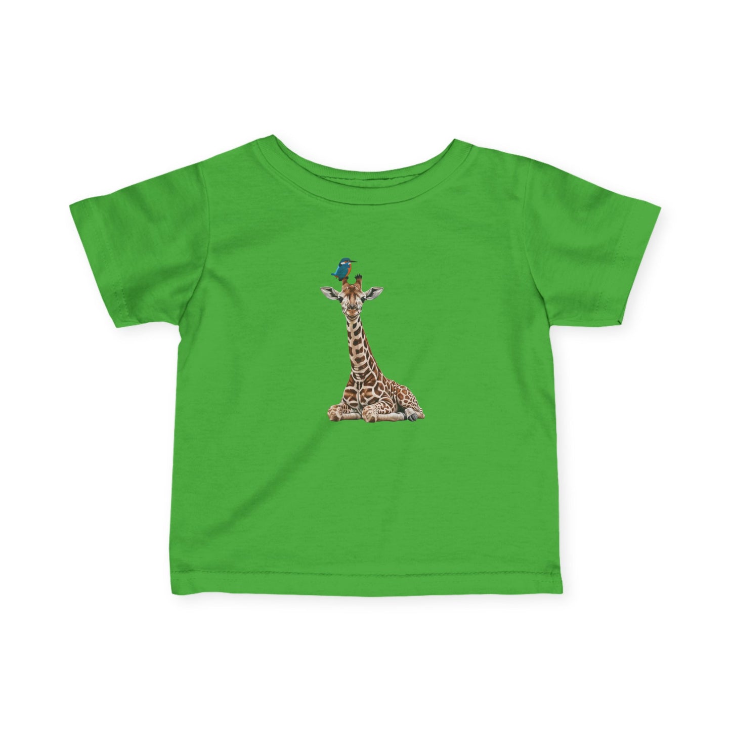 Süße Baby Giraffe mit Eisvogel Vogel Tiermotiv T-Shirt für Babys und Kleinkinder