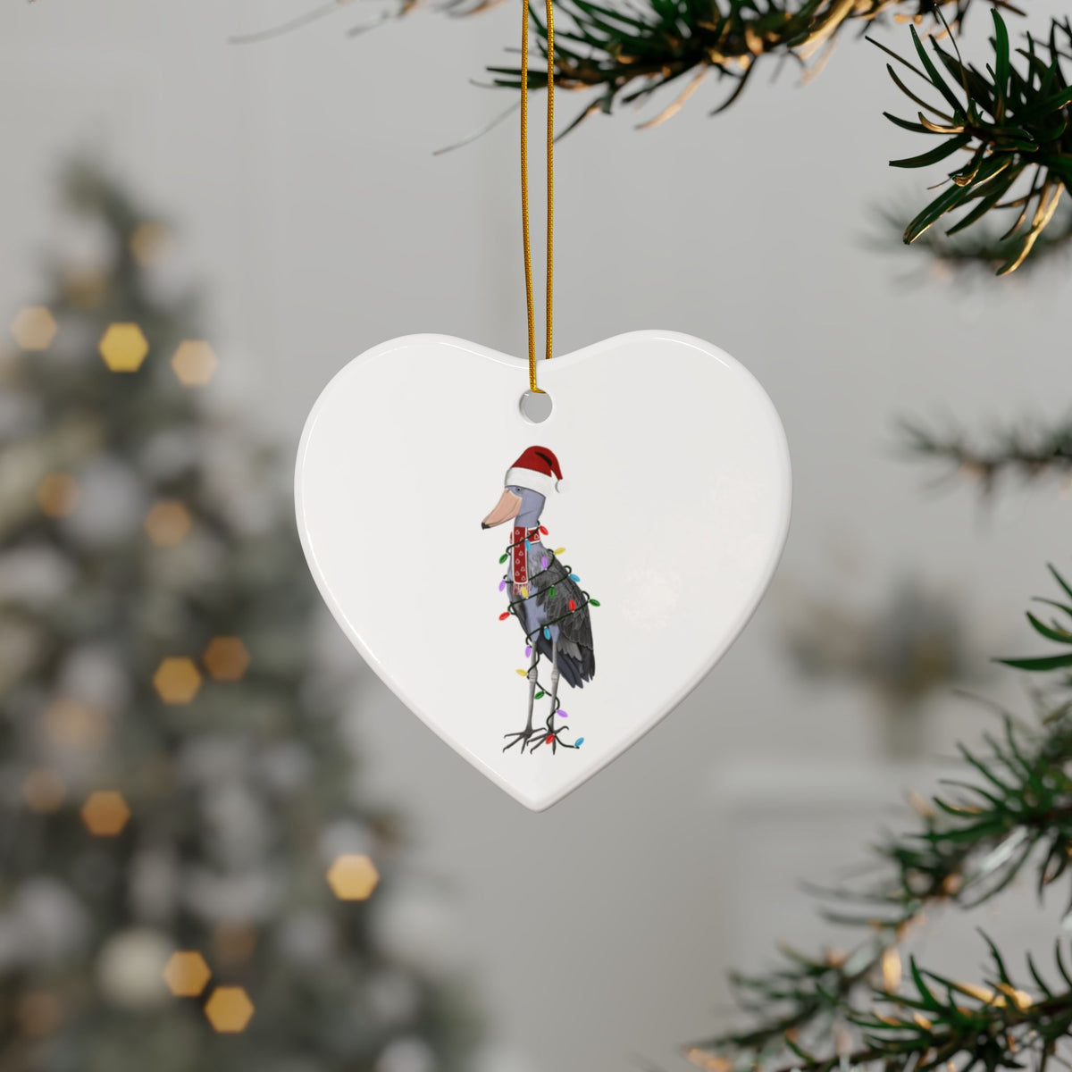 Shoebill as Santa Ceramic Bird Christmas Ornament | Durable Double-Sided Bird Lover Decor