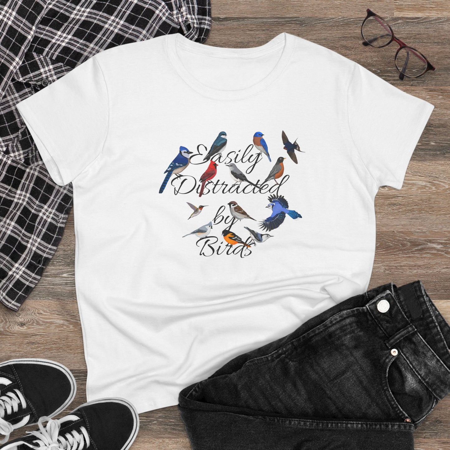 Easily Distracted by Birds Blue Jay Cardinal Robin Bird Design for Birdwatchers and Bird Lovers Women's T-Shirt