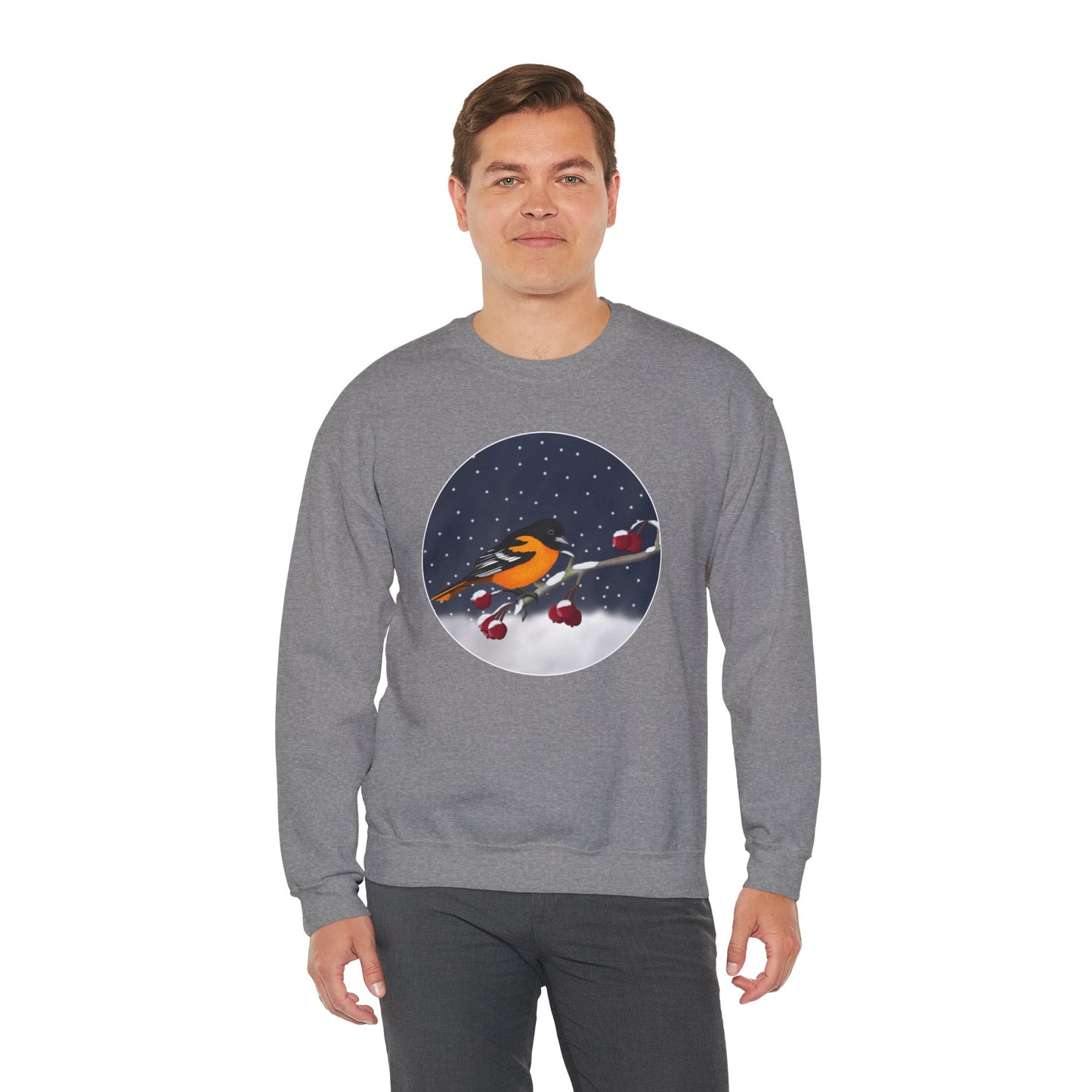 Baltimore Oriole on a Winter Branch Birdwatcher Christmas Bird Sweatshirt