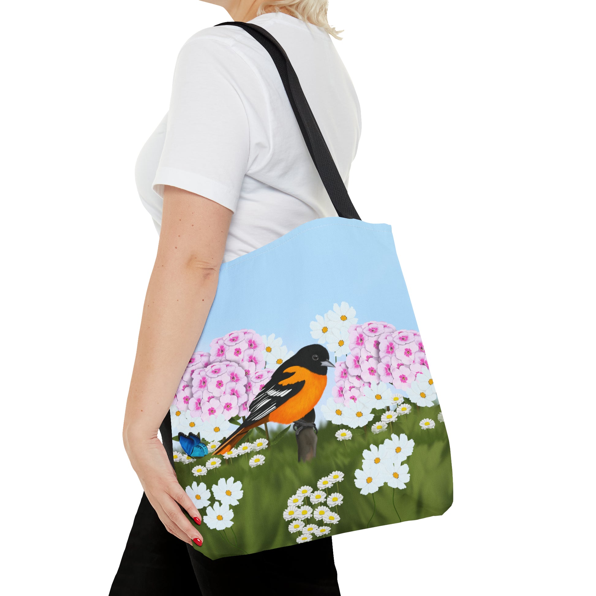Baltimore Oriole in Summer Flowers Bird Tote Bag 16"x16" - jz.birds