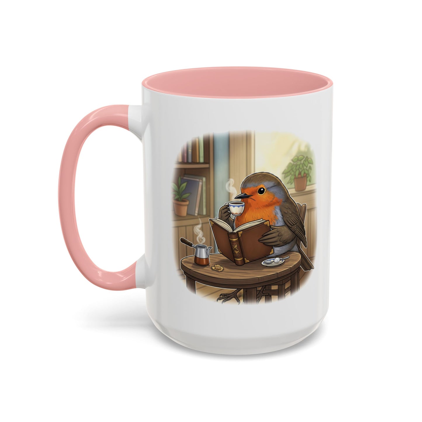 Robin Reads Books and Drinks Coffee Bird Mug for Bird and Book Lovers