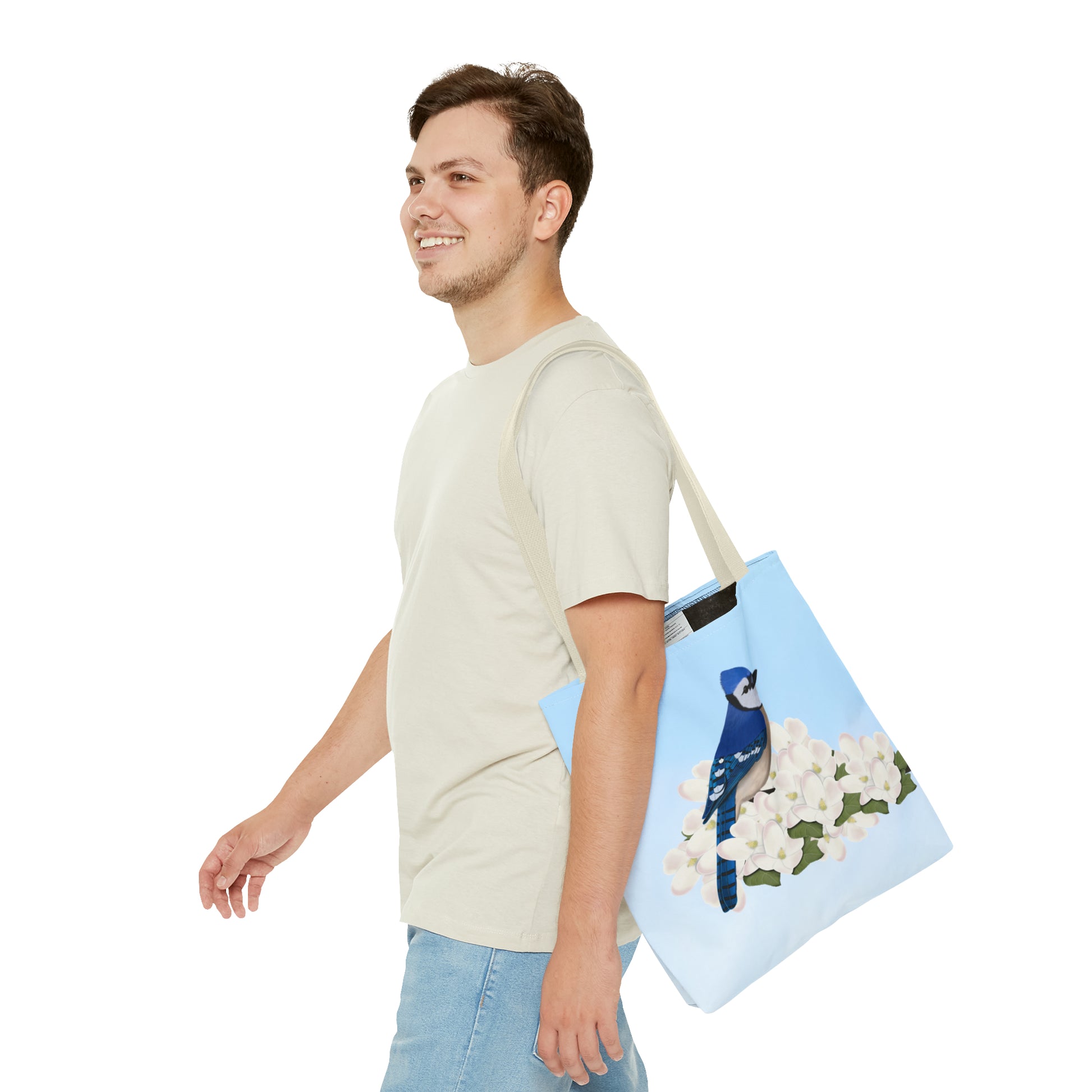 Blue Jay in Spring Blossoms Bird Tote Bag 16"x16" - jz.birds