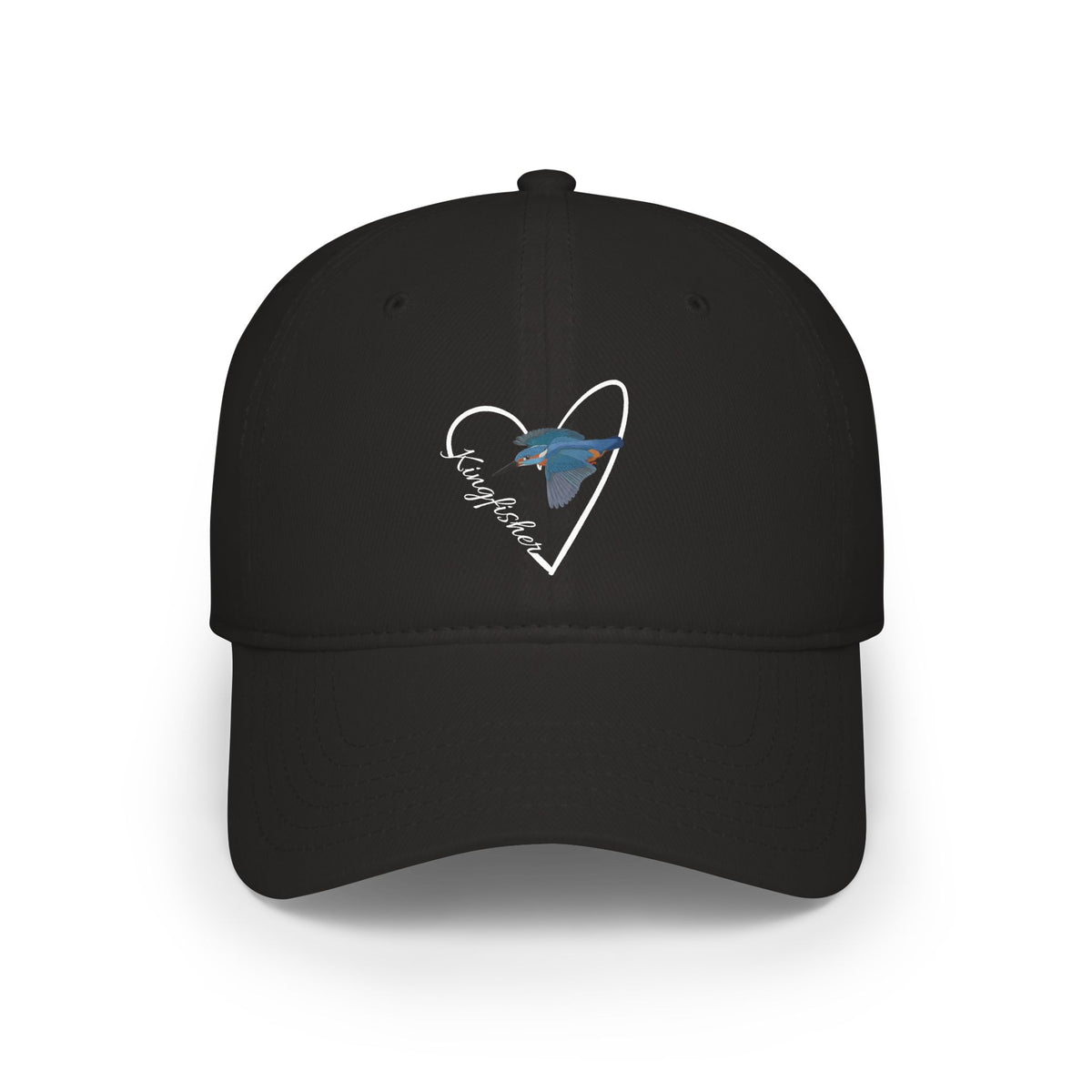 Black cap with a heart-shaped design featuring a kingfisher on a white background