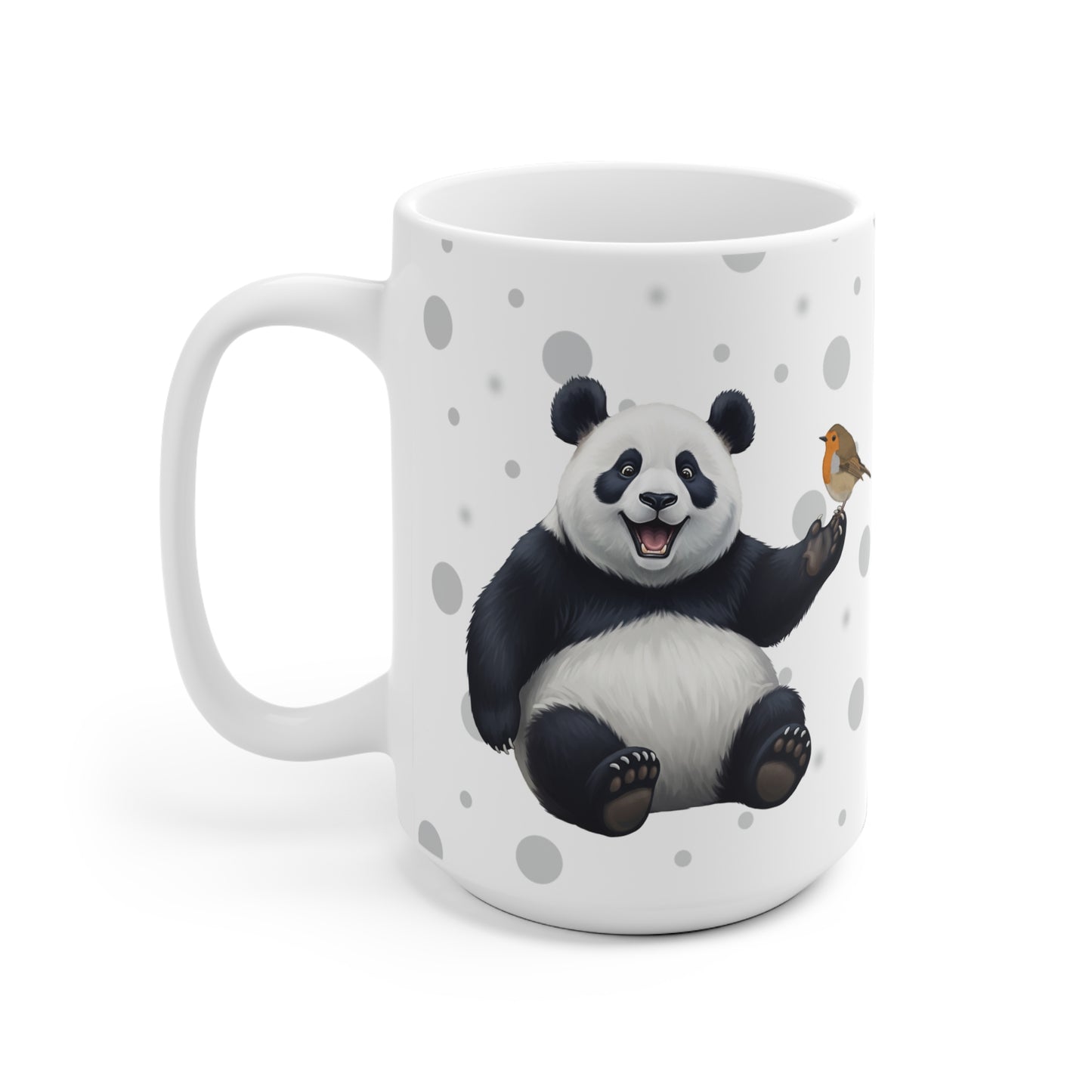 Rotkehlchen mit einem fröhlichen Panda Vogel Tiermotiv Tasse Punkte Grau