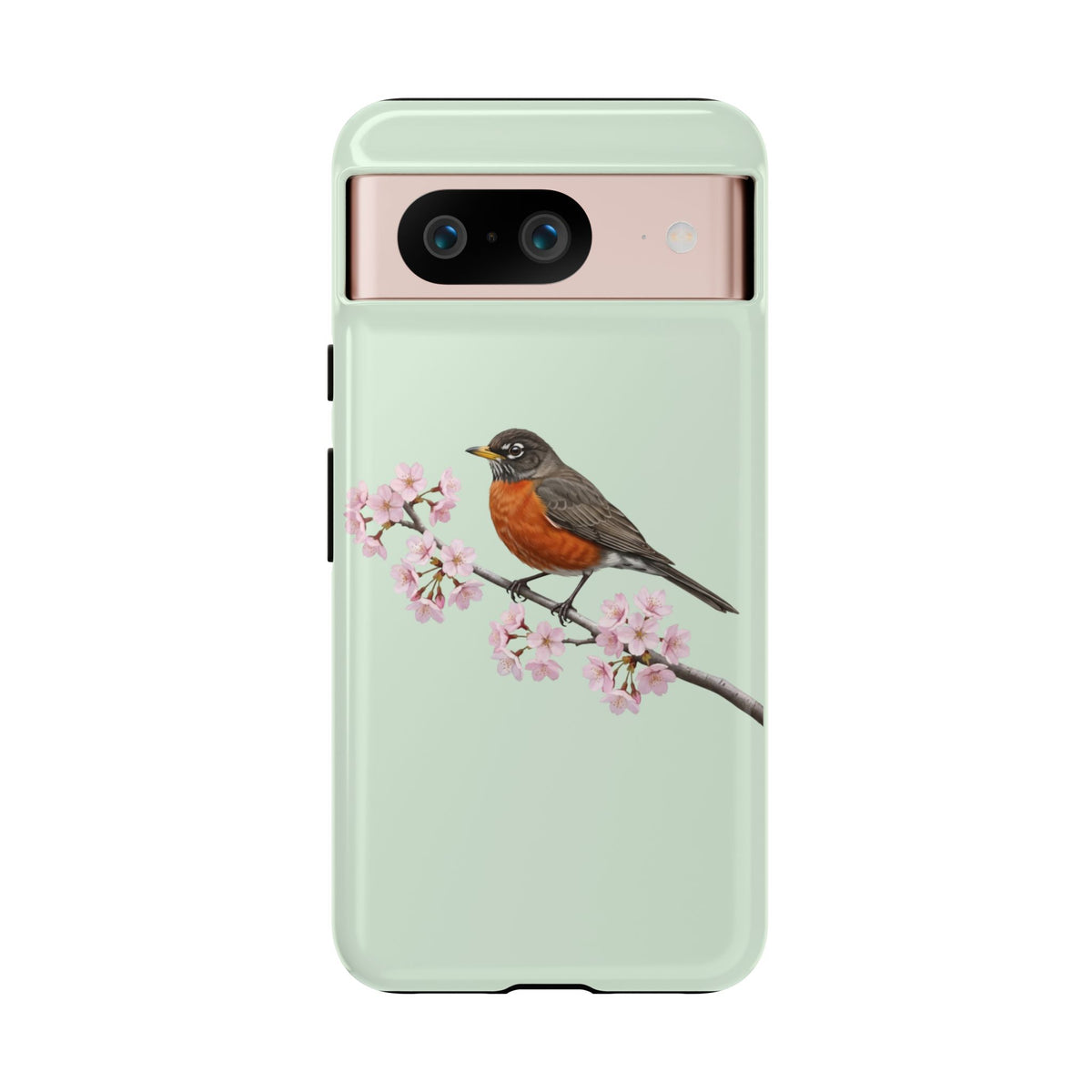 Wanderdrossel Handyhülle in Salbeigrün | Florales Kirschblüten Vogel-Motiv für iPhone & Google Pixel