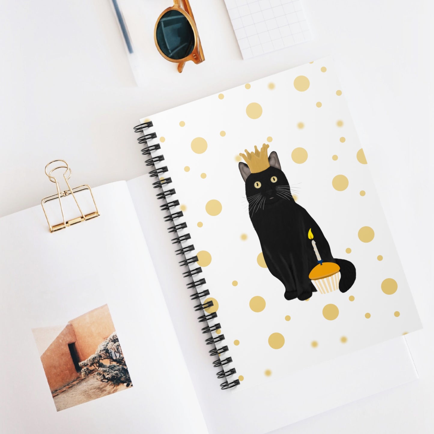 Black Cat with Golden Crown and Muffin Cat Lover Spiral Notebook Ruled Line 6" x 8"