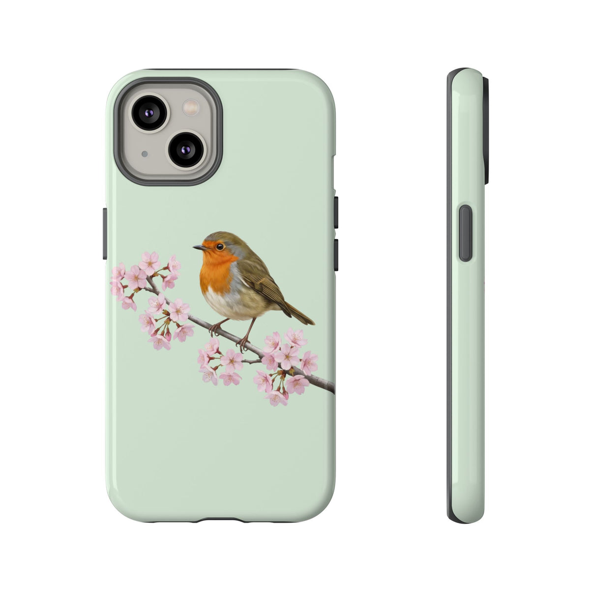 Coque de téléphone Robin vert sauge | Motif floral avec fleurs de cerisier et oiseau pour iPhone et Google Pixel