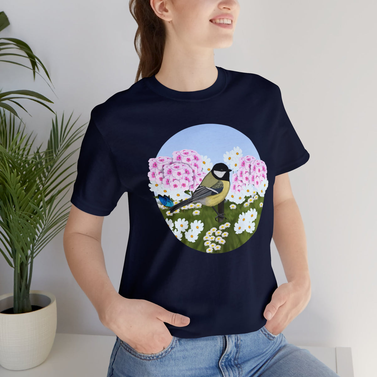 Chickadee and Summer Flowers Bird Tee