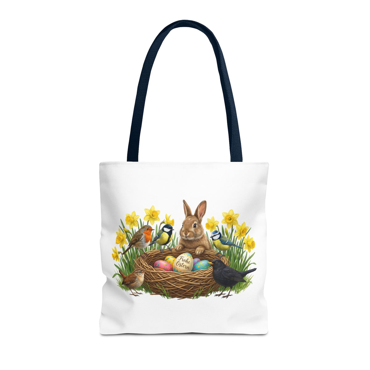 Robuste Einkaufstasche Frühling: Kaninchen, Amsel, Rotkehlchen & Meisen am Osternest | 40x40cm Shopper