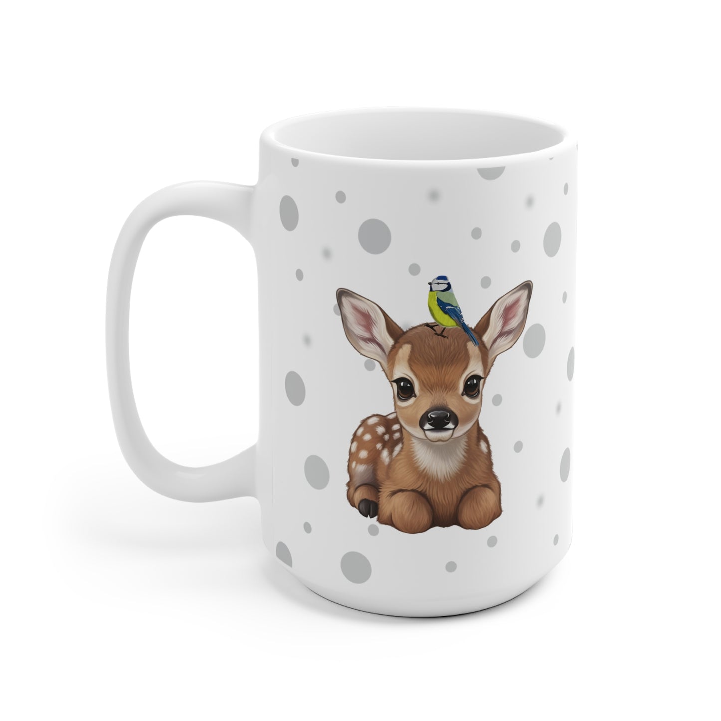 Rehkitz Tasse mit Blaumeise Tiermotiv Punkte Grau