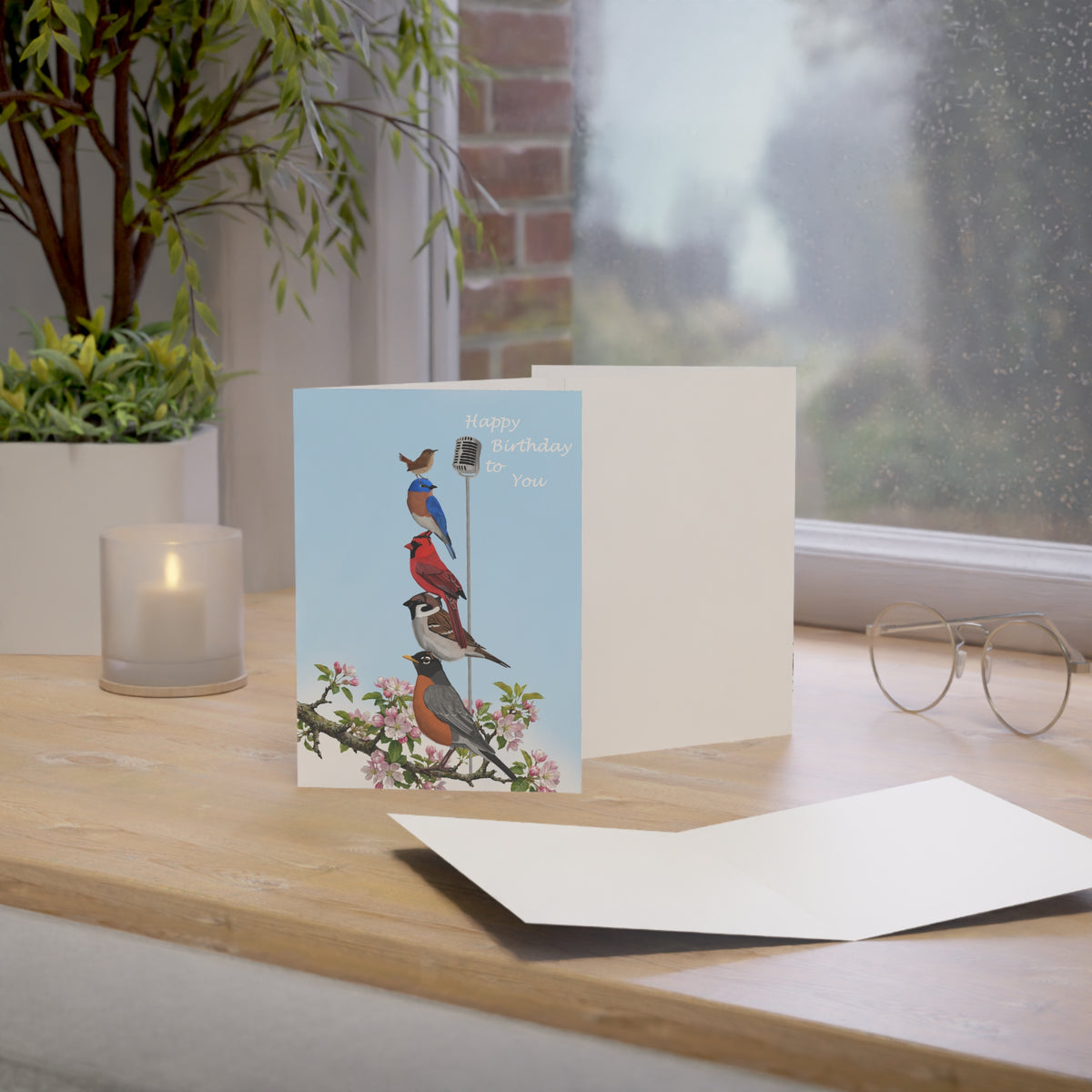 Bluebird, Cardinal, Sparrow, Robin and Wren Birthday Cards on bird card background