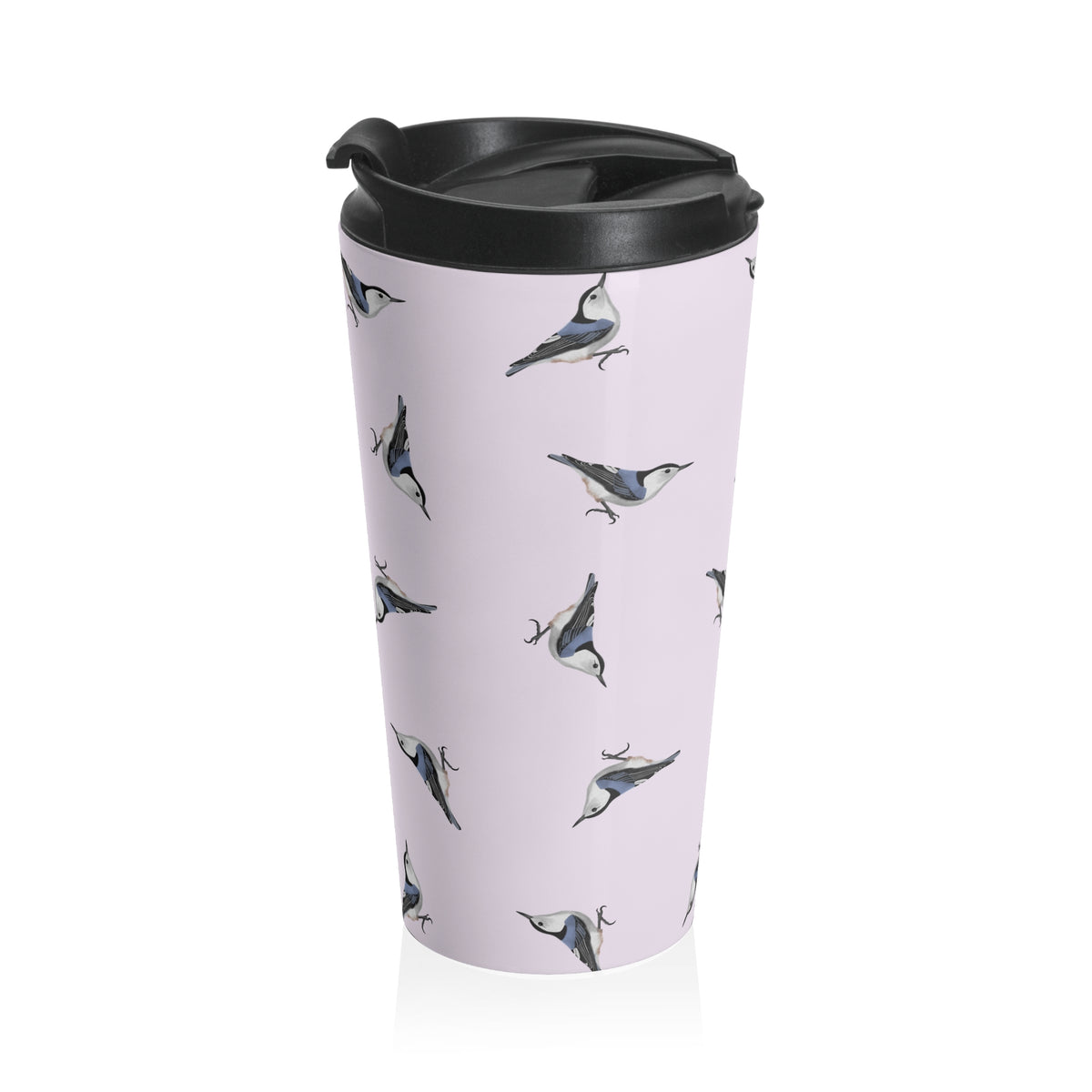 White-breasted Nuthatch and Tern Tumbler – All Over Pattern Travel Light Pink | 15oz Birdwatching Coffee Mug