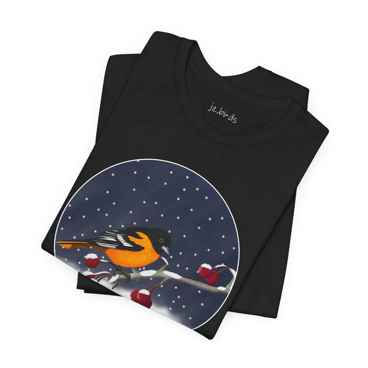 Baltimore Oriole on a Winter Branch Birdwatcher Christmas Bird T-Shirt