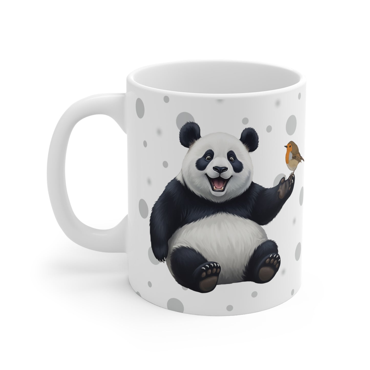 Rotkehlchen mit einem fröhlichen Panda Vogel Tiermotiv Tasse Punkte Grau