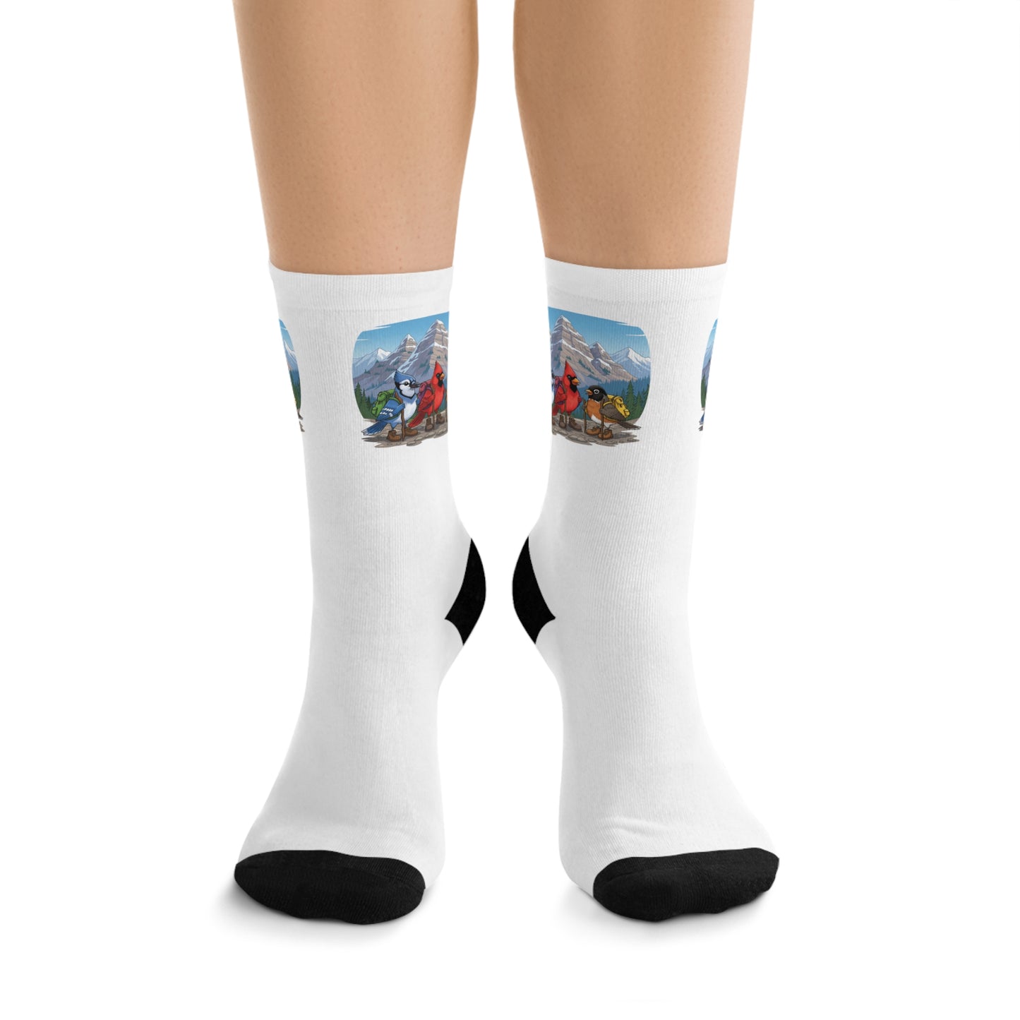 Blue Jay Cardinal Robin on a Hike Bird Socks White for Bird and Hiking Lovers One Size