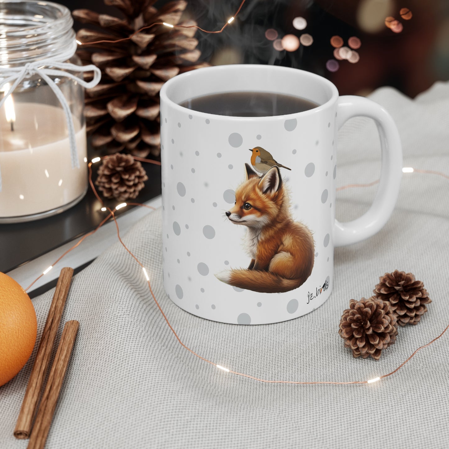 Fox Mug with European Robin for Animal Lovers & Bird Watchers 11oz
