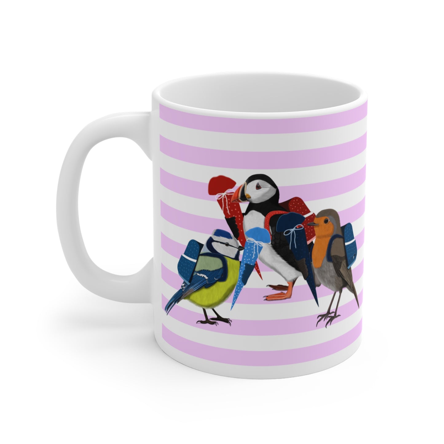 Robin Puffin Blue Titmouse School Enrollment First Day of School Bird Ceramic Mug 11oz Pink