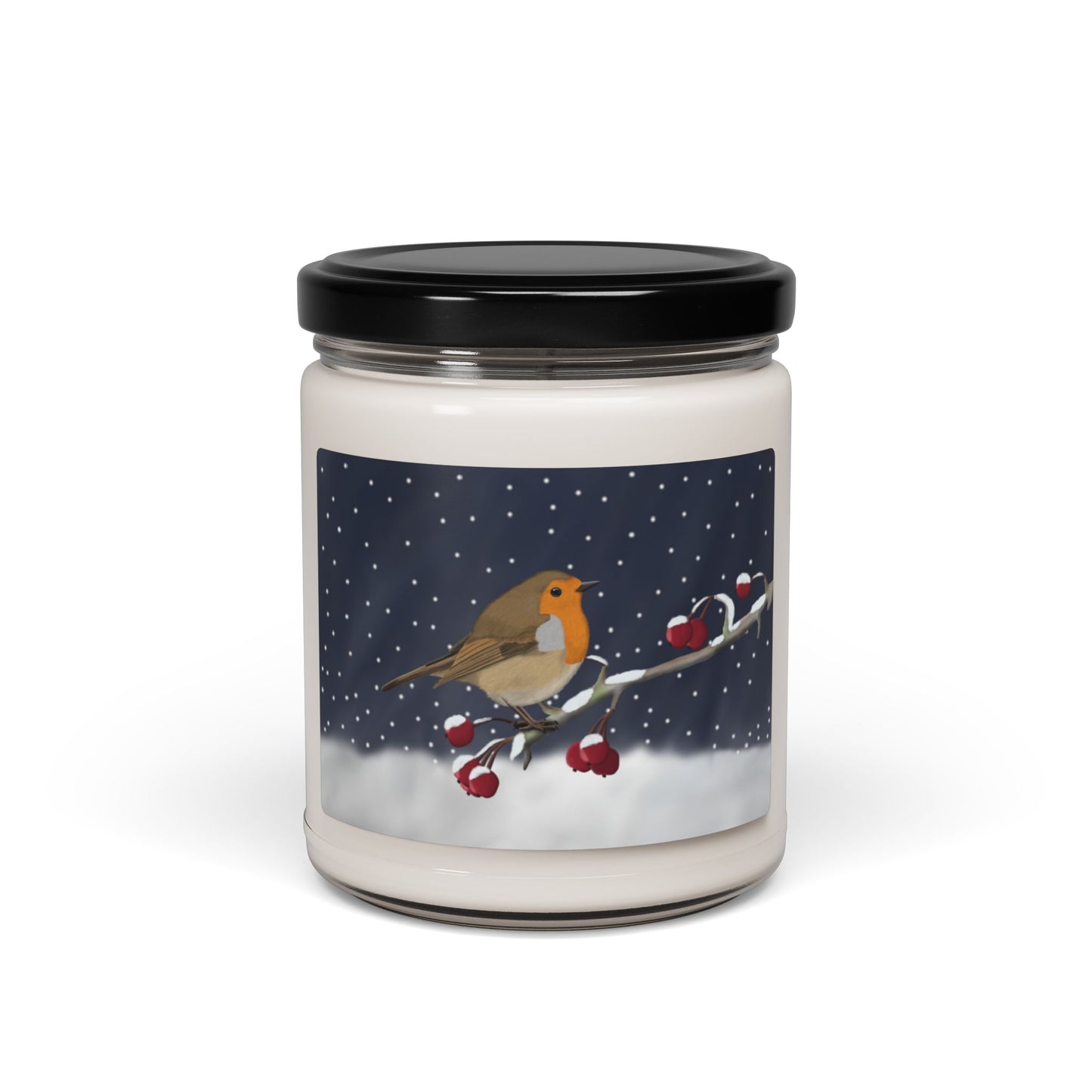 European Robin on a Winter Branch Christmas Bird Art Scented Soy Candle, 9oz
