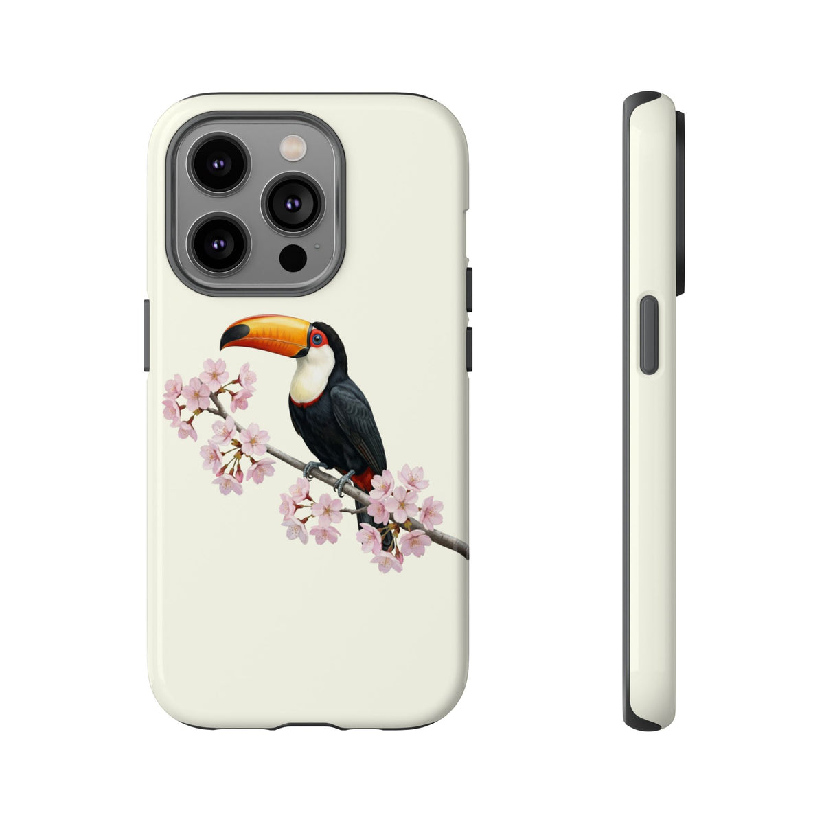 Custodia per cellulare Tukan in bianco crema | Motivo floreale con uccello e fiori di ciliegio per iPhone e Google Pixel
