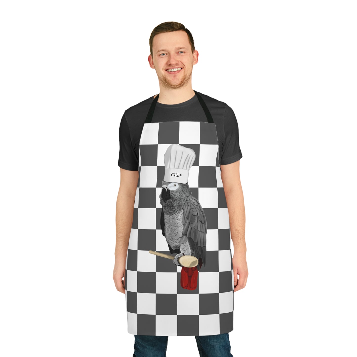 Grey Parrot Kitchen Chef Bird Art Apron Grey and White Checkered - jz.birds