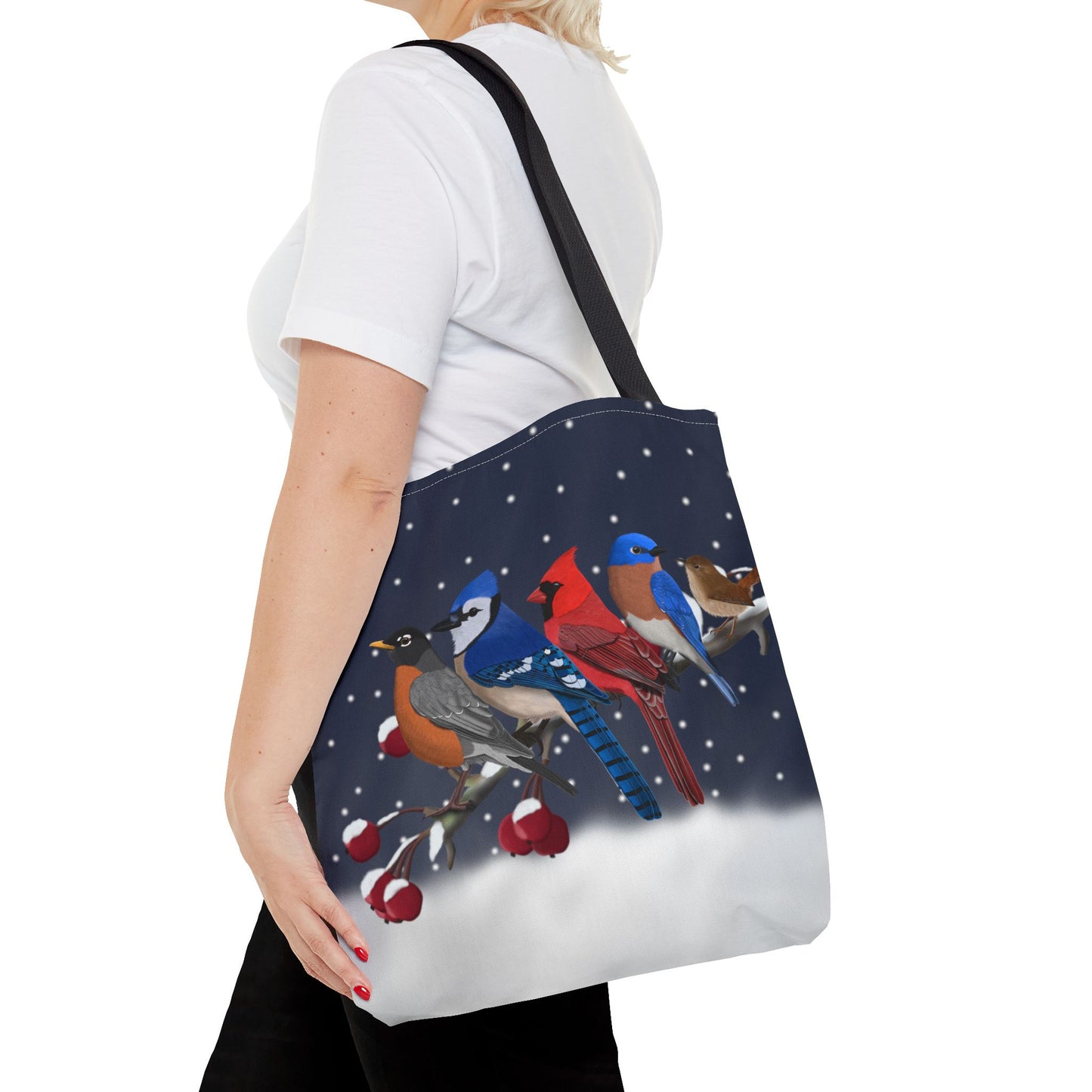 Robin Blue Jay Cardinal Bluebird Wren on a Winter Branch Christmas Bird Tote Bag 16"x16"