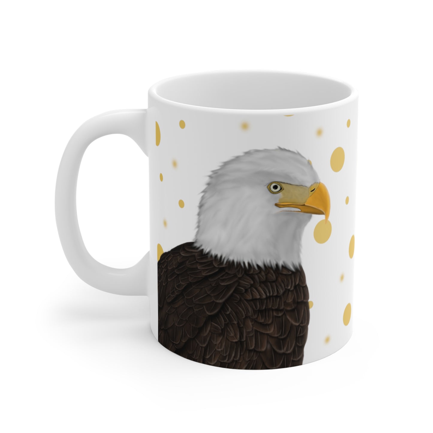 Bald Ealge Bird Ceramic Mug White Golden Dots 11oz