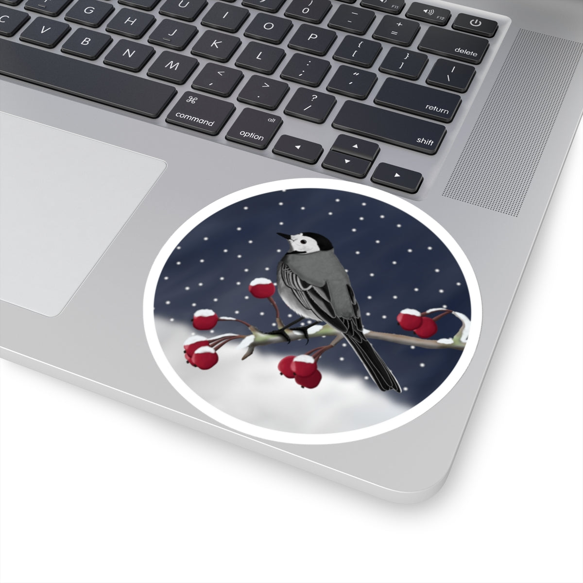 White Wagtail on a Winter Branch Christmas Bird Sticker Paper products – and style