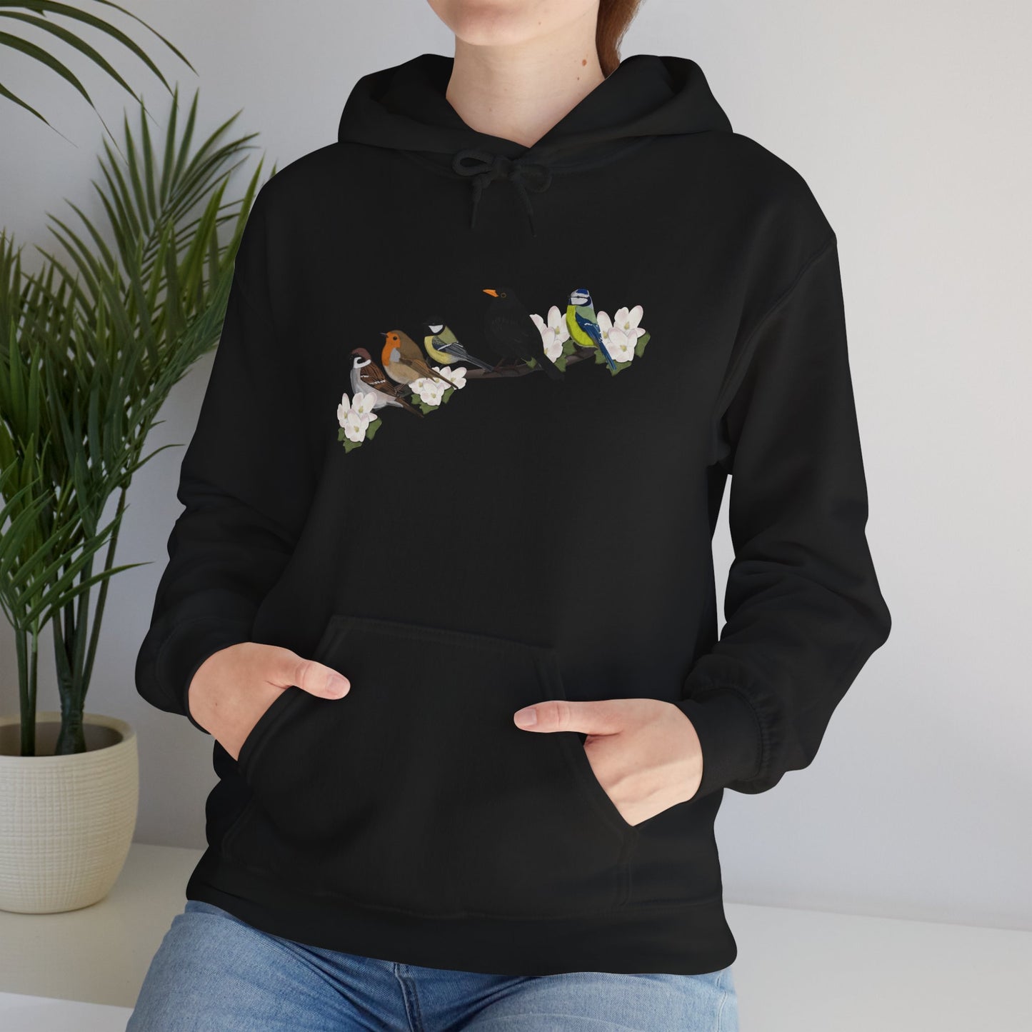 Vögel auf einem Ast Hoodie - Amsel Rotkehlchen Kohlmeise Spatz Kapuzenpullover für Vogelbeobachter & Naturliebhaber