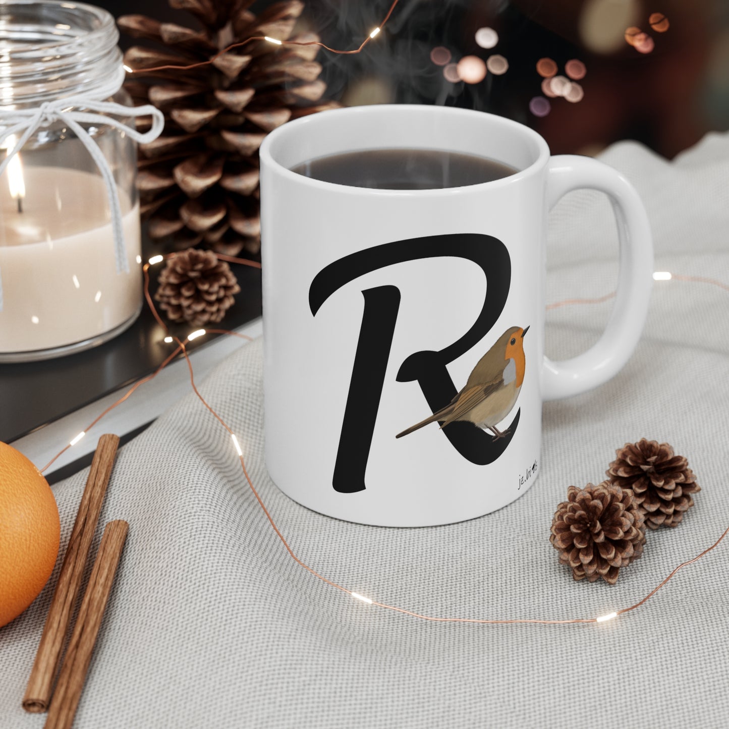 Robin Letter R Bird Ceramic Mug 11oz White
