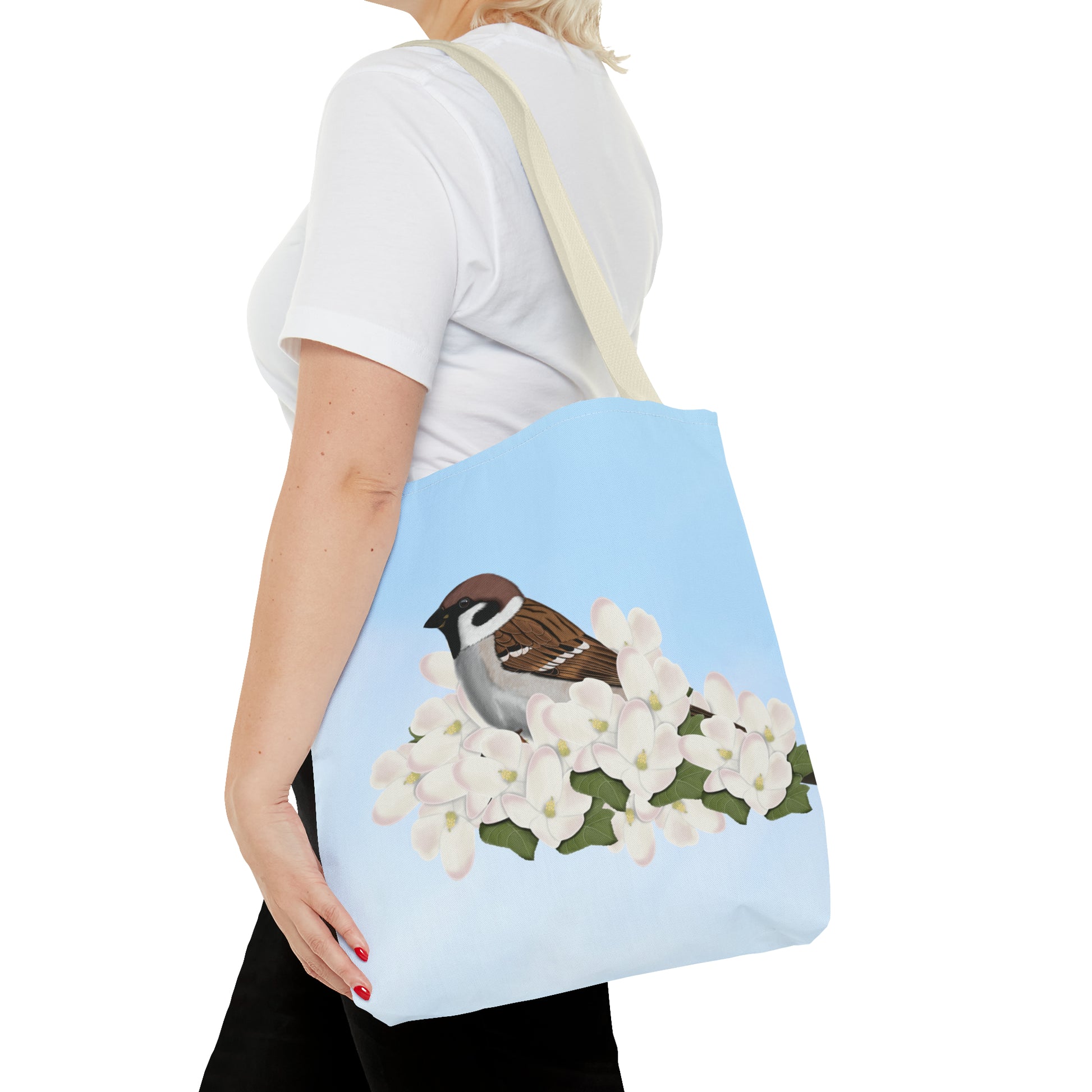 Tree Sparrow in Spring Blossoms Bird Tote Bag 16"x16" - jz.birds