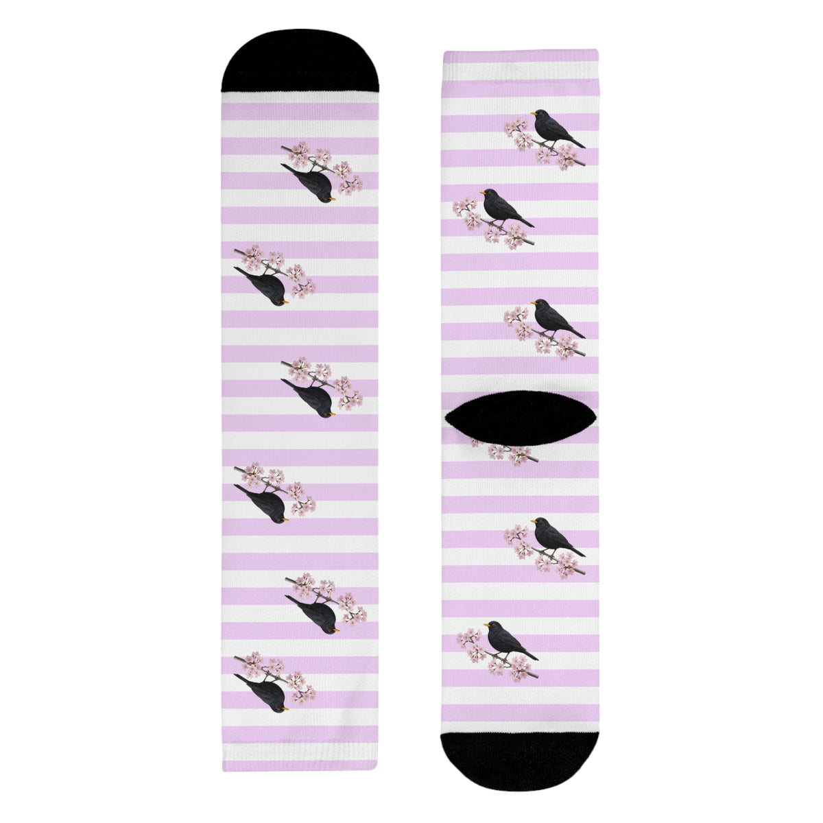 Amsel Socken – mit Kirschblüten | Weiß Rosa gestreifte Vogelmotiv Strümpfe