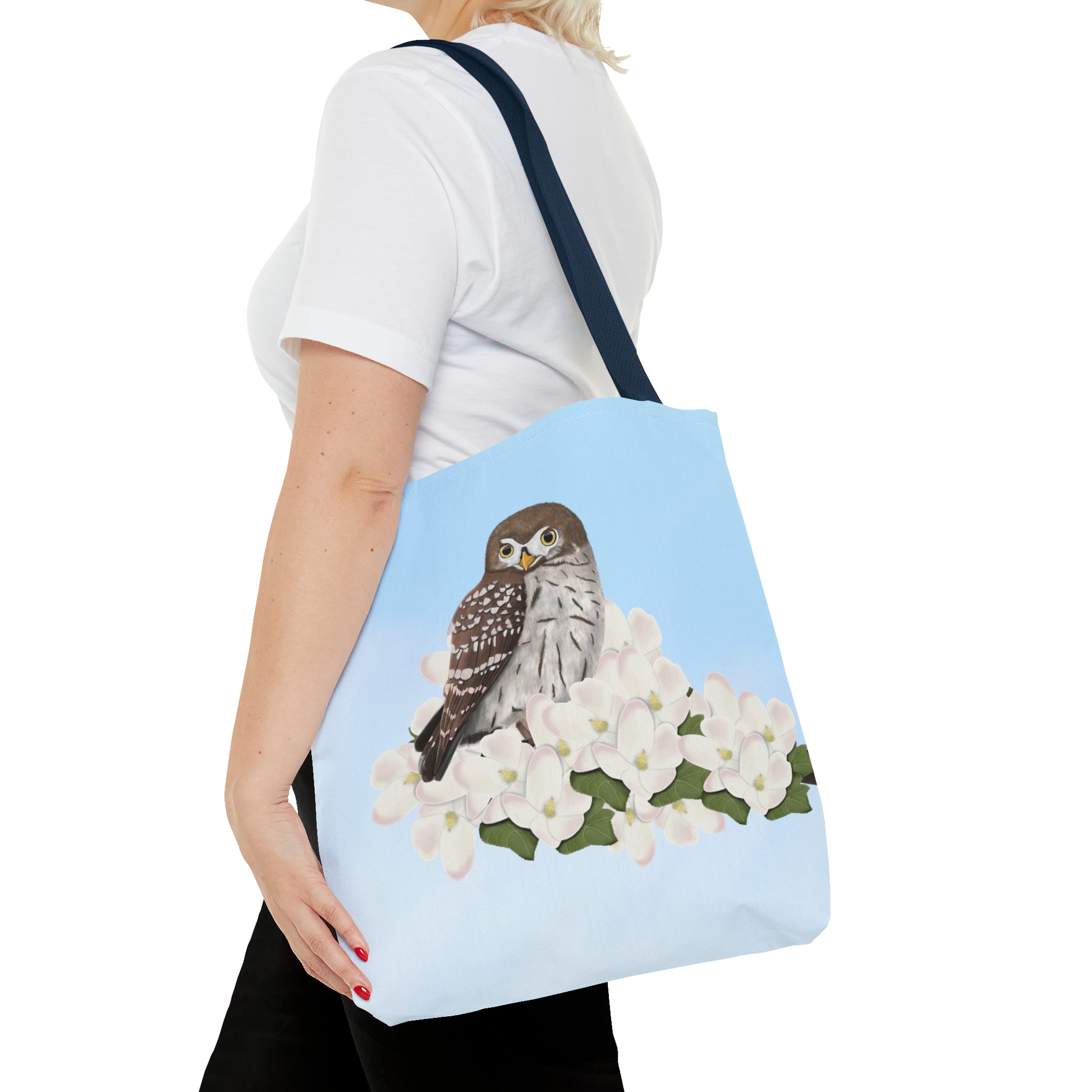 Little Owl in Spring Blossoms Bird Tote Bag 16"x16" - jz.birds