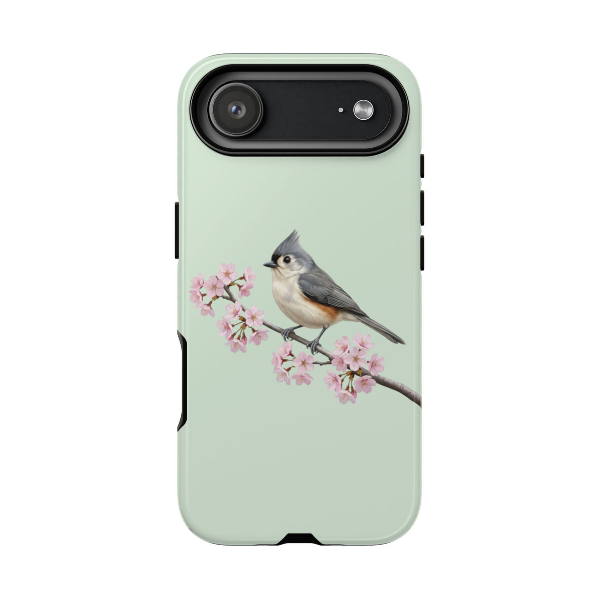 Grauhäubchenmeise Handyhülle in Salbeigrün | Florales Kirschblüten Vogel-Motiv für iPhone & Google Pixel