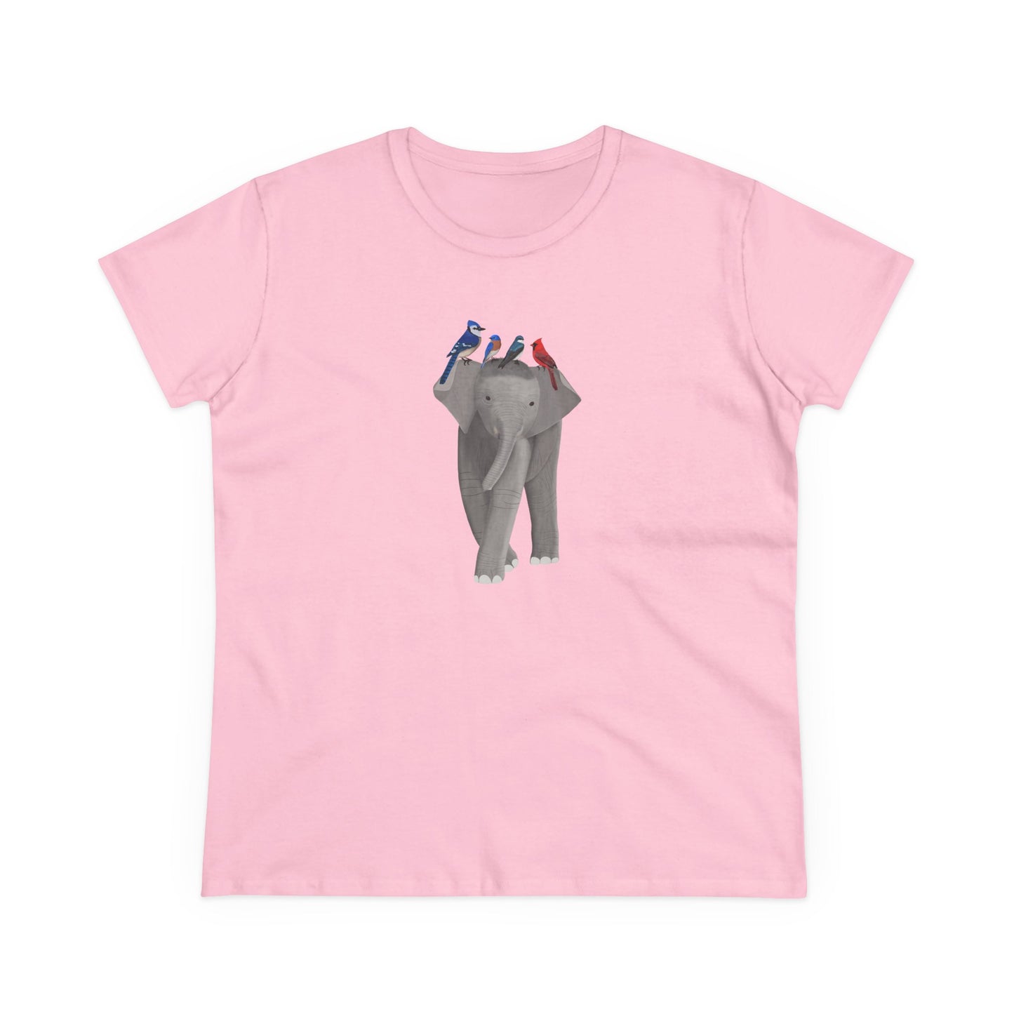 Elephant with Birds Blue Jay Cardinal Bluebird Design for Birdwatchers and Bird Lovers Women's T-Shirt
