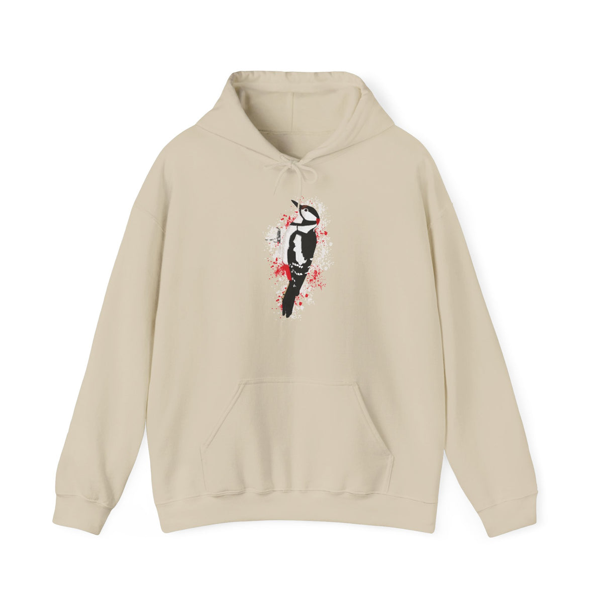 Buntspecht Hoodie – Motiv-Kapuzenpullover im Art-Design mit Sprenkel-Hintergrund