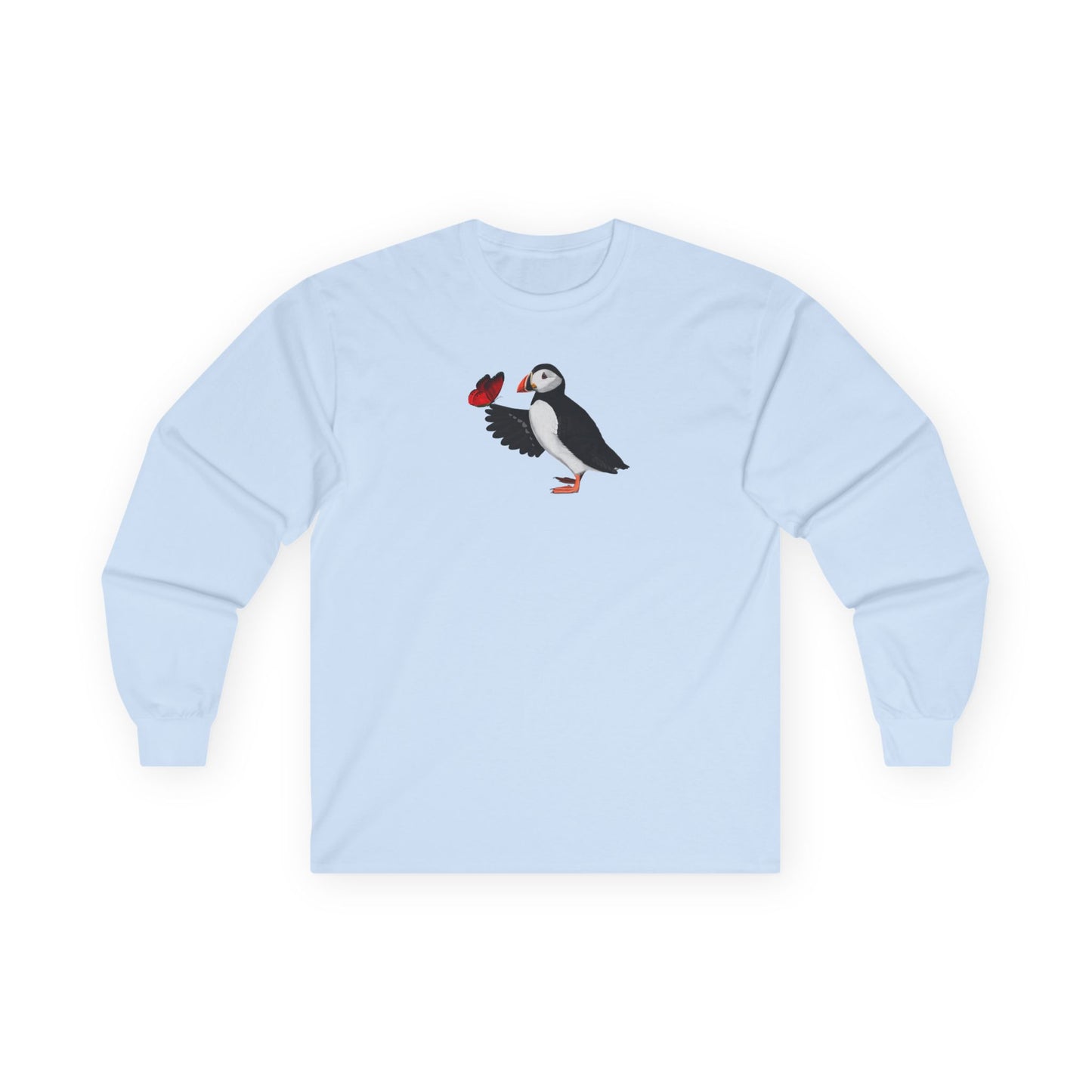 Puffin with Butterfly Birding & Birdwatching Bird Cotton Long Sleeve T-Shirt