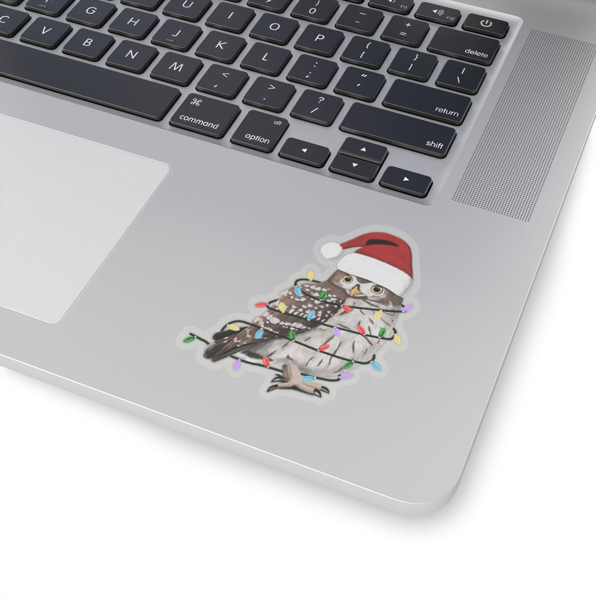 Owl with Fairy Lights Santa Claus Hat and Scarf Christmas Bird Sticker