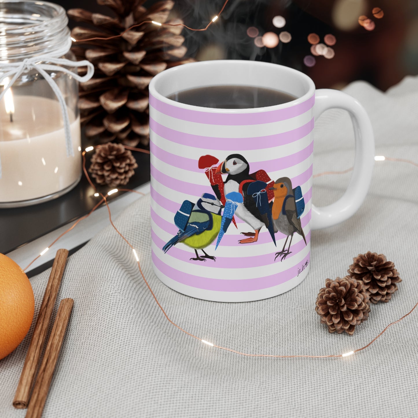 Robin Puffin Blue Titmouse School Enrollment First Day of School Bird Ceramic Mug 11oz Pink